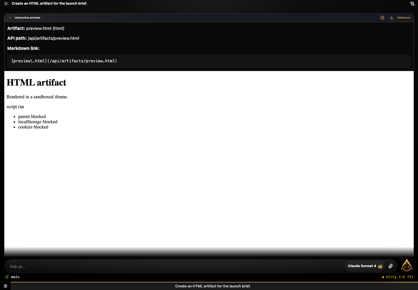 Checked-in Artifact Reference extension showing artifact metadata and a Markdown link