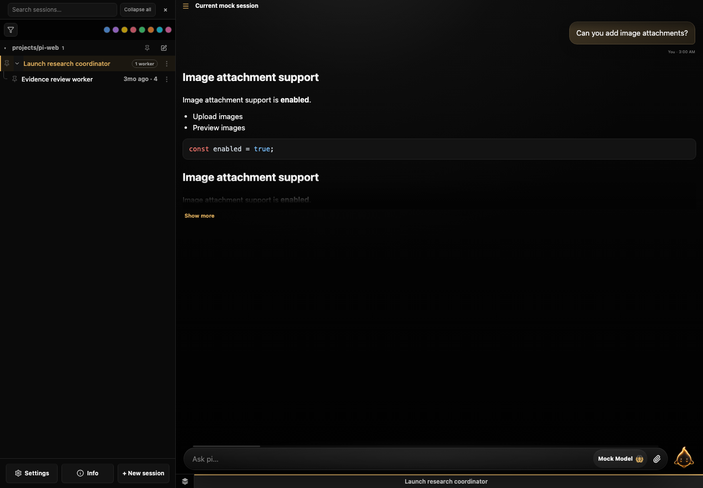 Coordinator and spawned worker sessions shown in the pi-web session drawer
