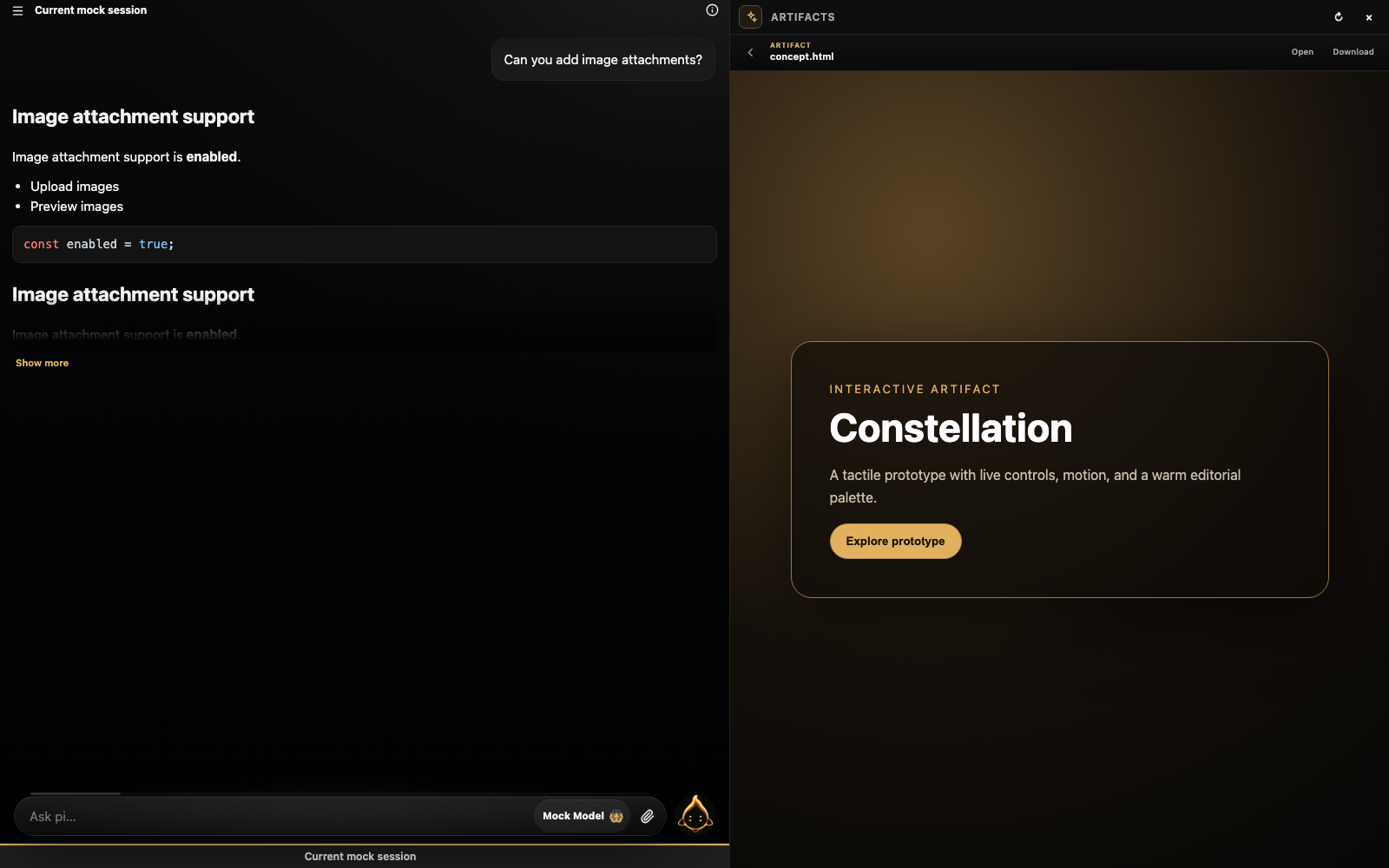 Interactive HTML artifact preview with open and download controls