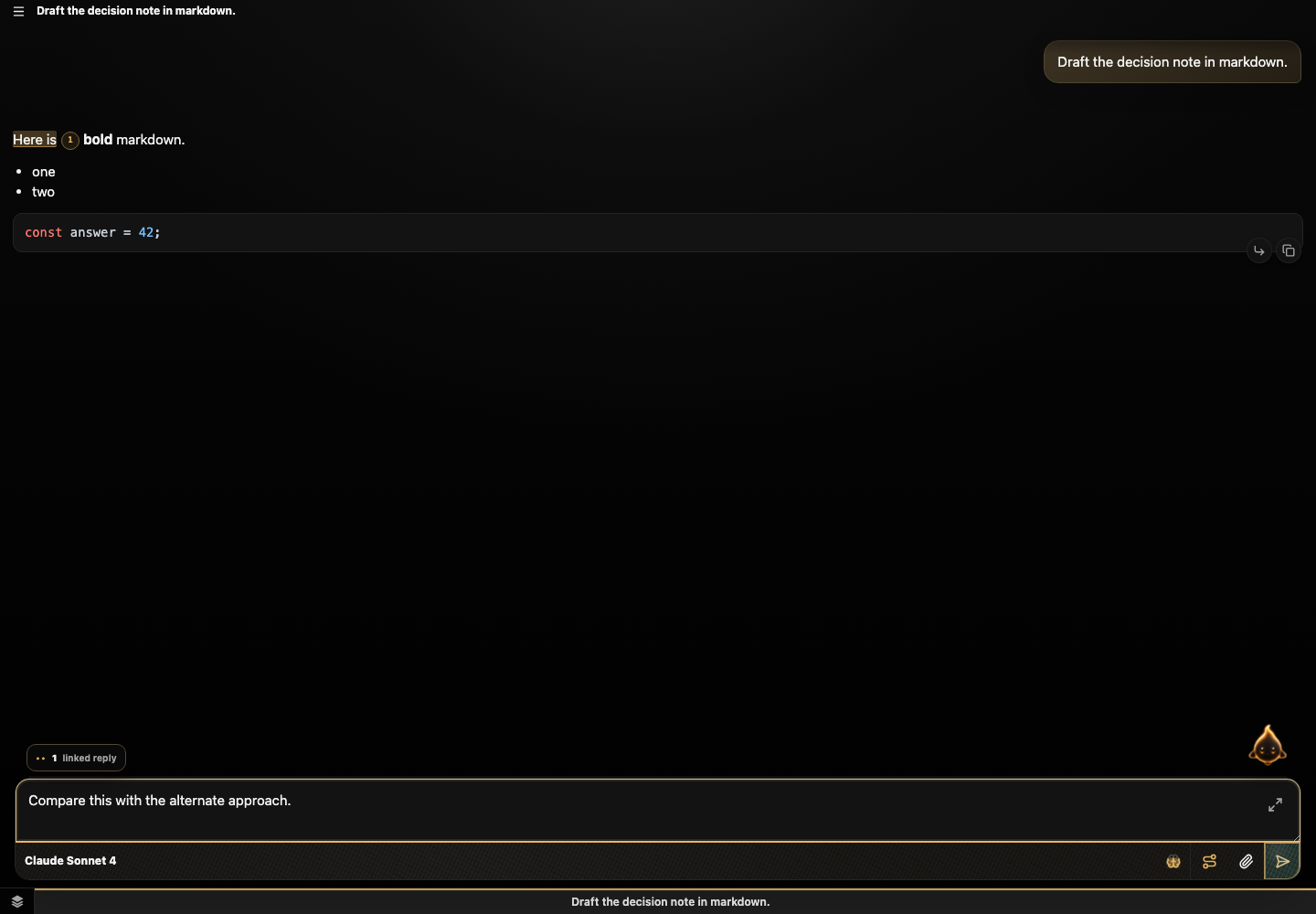 A linked quote reply and composer draft attached to an assistant response