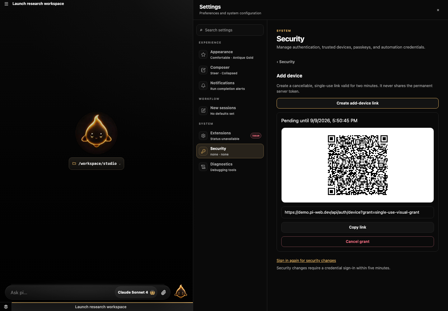 Security settings showing a single-use add-device link and QR code