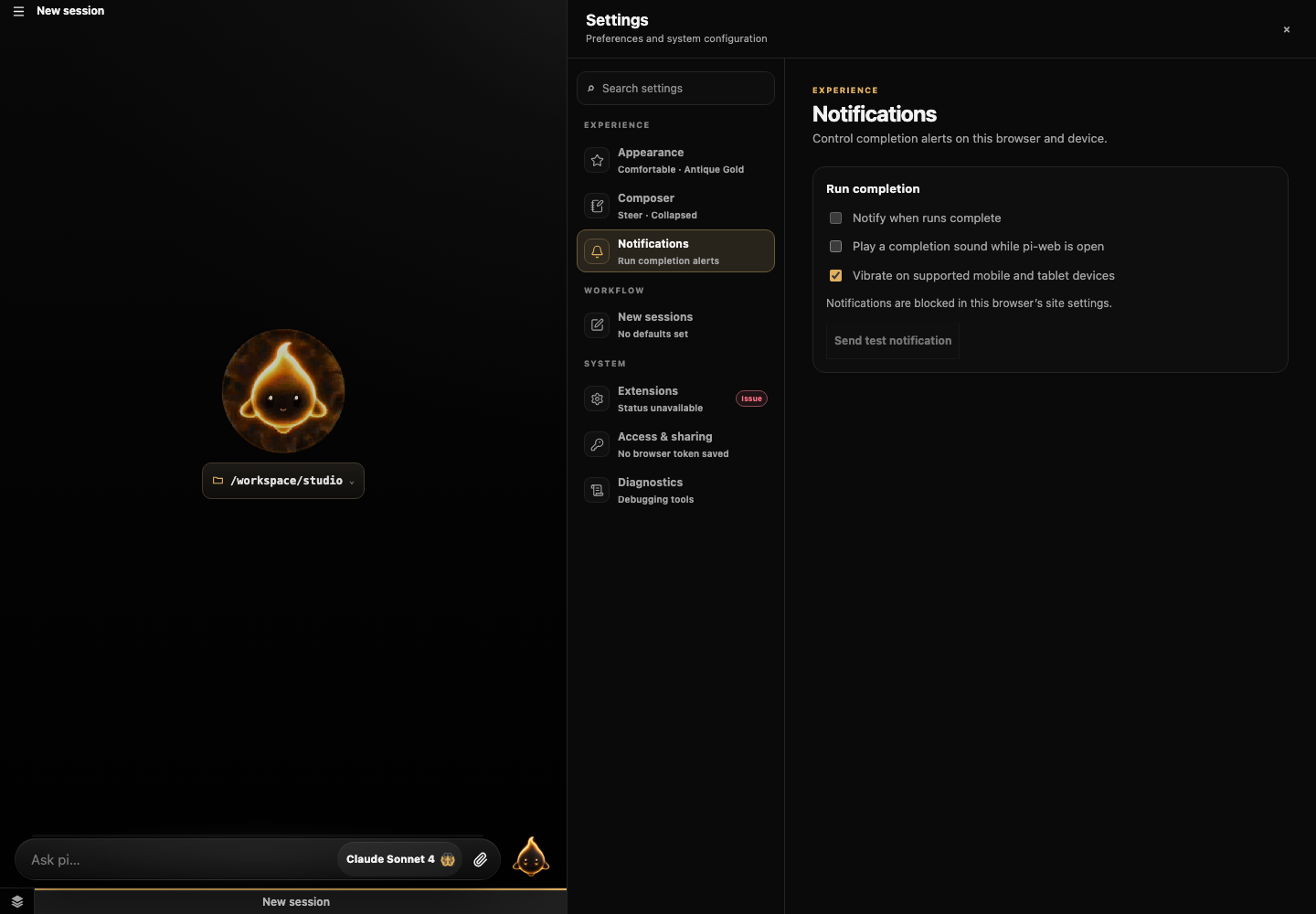 Notification settings for run completion, sound, and vibration