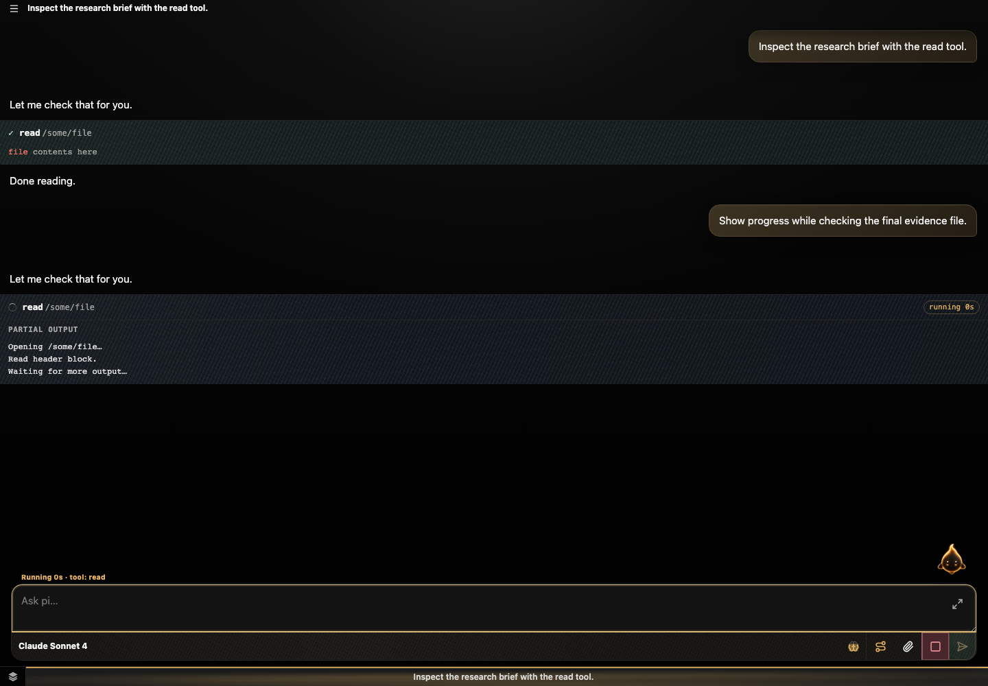 Completed and running read tool cards with arguments, progress, partial output, and results