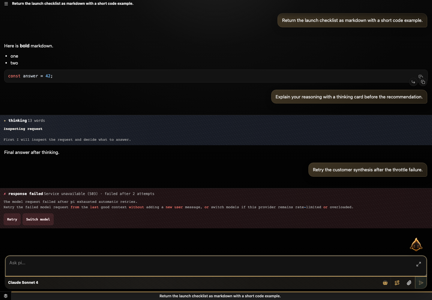 Markdown code, thinking, and a normalized provider failure with retry controls