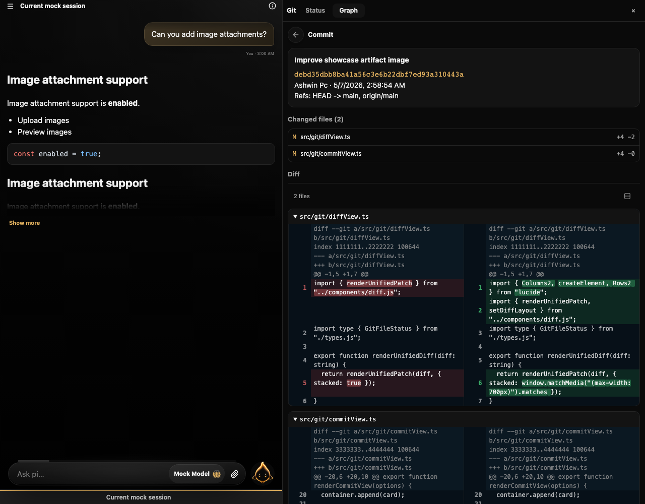 Git view with commit metadata, changed files, and split diff