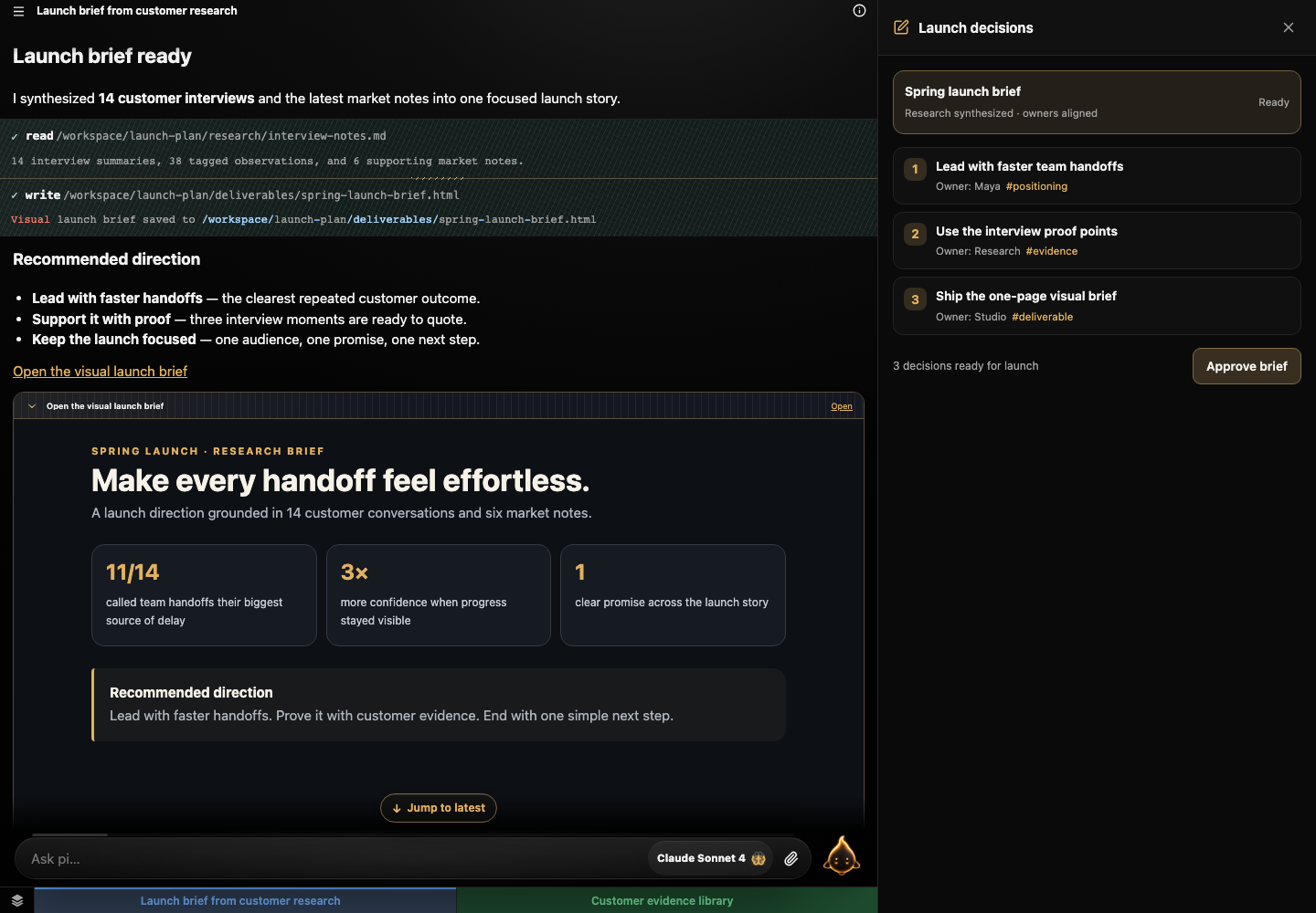A launch decisions extension open in the real pi-web side panel