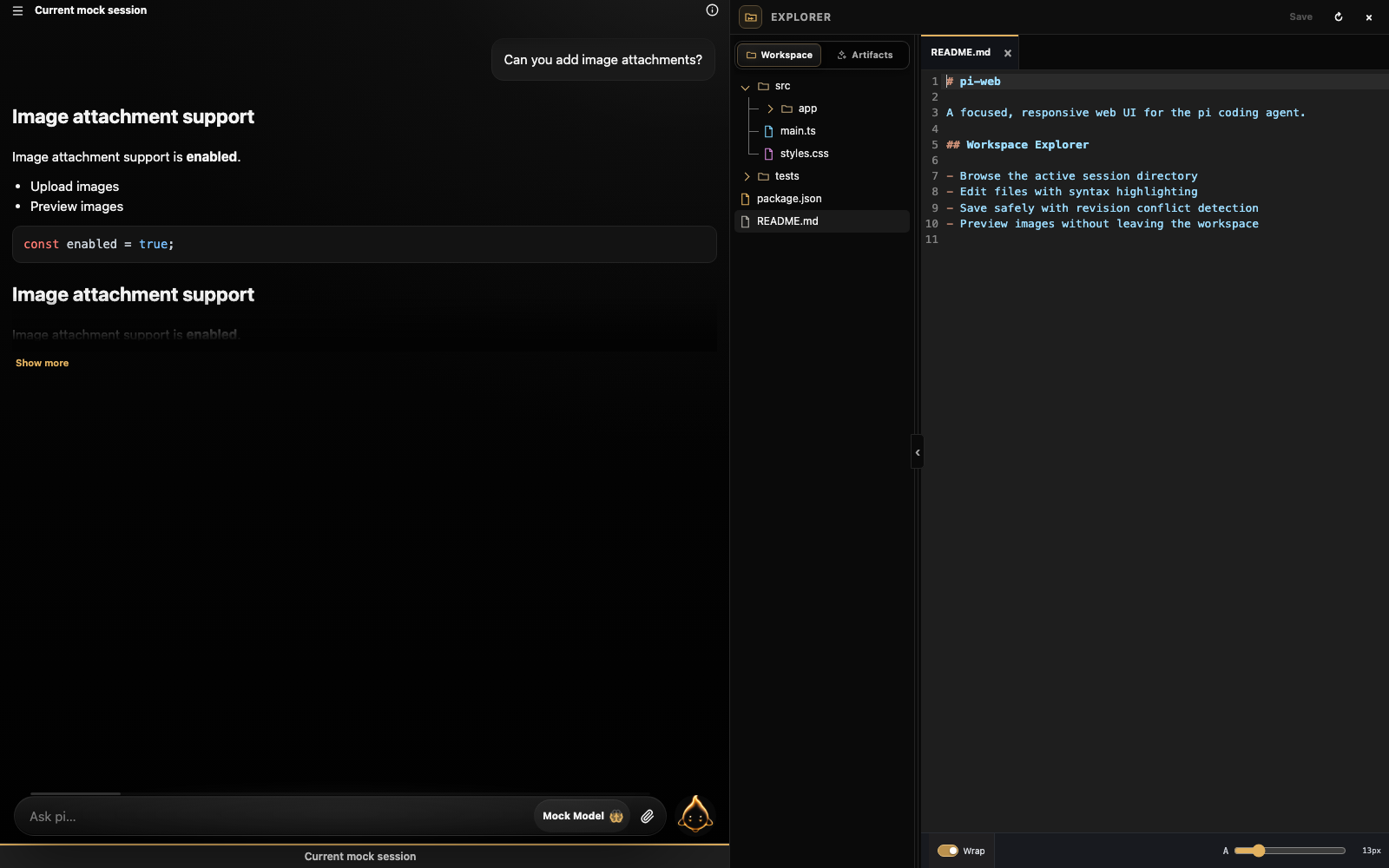 Workspace Explorer with conversation, file tree, and editor